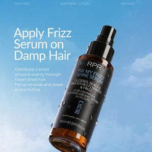 RPR Fix My Frizz Shine Serum bottle with application instructions on a blue sky background