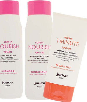 Juuce Softly Nourish Shampoo, Conditioner & 1 Minute Trio Juuce Hair Care - On Line Hair Depot