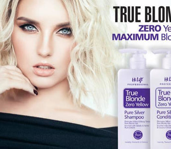 Hi Lift TrueBlonde zero yellow shampoo eliminates unwanted brassy and yellow tones from blonde and grey hair.