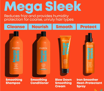 Matrix Mega Sleek Control rebellious, unruly hair with ever-lasting sleekness.