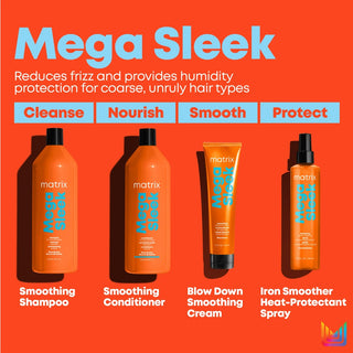 Matrix Mega Sleek Control rebellious, unruly hair with ever-lasting sleekness.