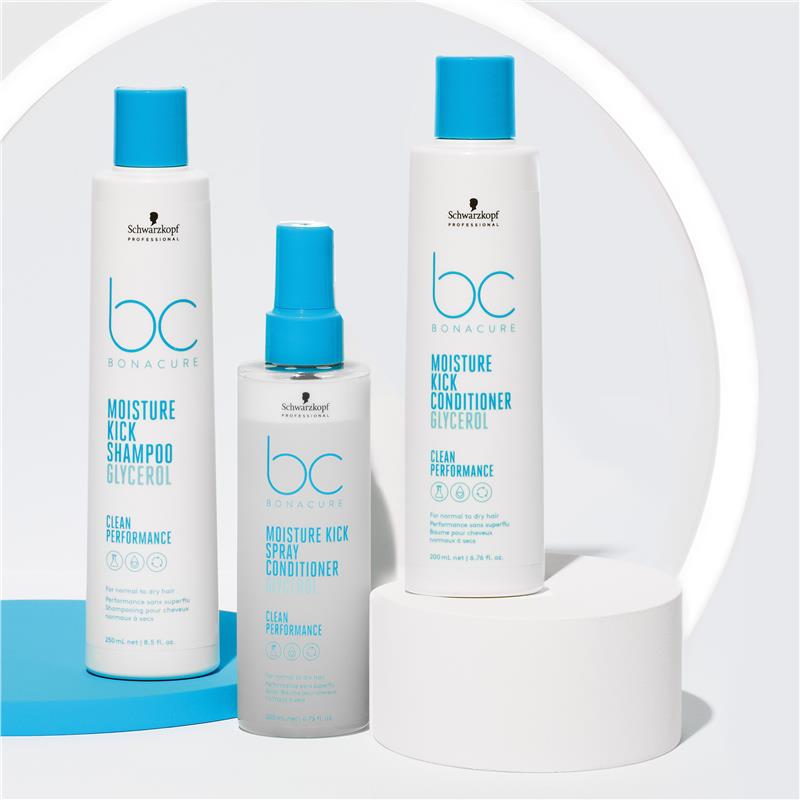schwarzkopf bonacure moisture kick shampoo, conditioner and Mositure Spray for everyday hydration