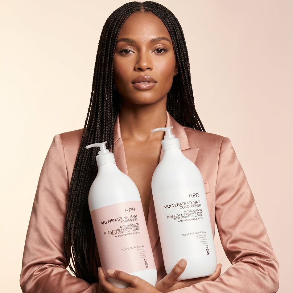 RPR Rejuvenate My Hair Duo! This powerful anti-aging bundle combines both the shampoo and conditioner in salon-sized 1L bottles with pumps, giving you everything you need to restore youthful vitality, strength, and shine to mature or damaged hair. Save money while achieving professional results at home.