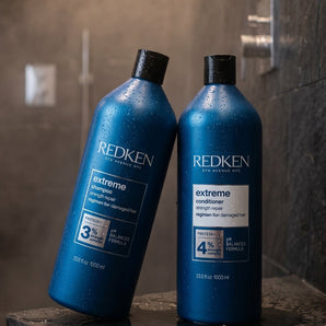 Give damaged, fragile hair the strength it deserves. The Redken Extreme 1L Duo combines two powerhouse products — the Extreme Shampoo and Extreme Conditioner — to cleanse, repair, and fortify weakened strands from root to tip.