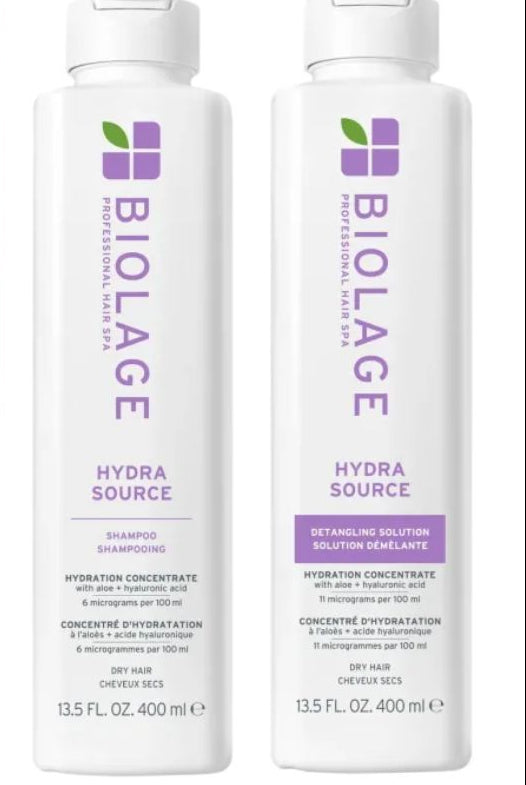 Biolage Hydra Source hair care products including shampoo bottles