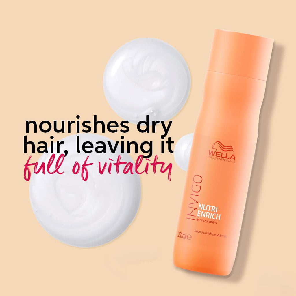Revitalize dry, stressed hair with Wella Invigo Nutri-Enrich Deep Nourishing Shampoo, a professional formula enriched with Goji Berry and the exclusive Nutri-Enrich-Blend. This deeply nourishing shampoo transforms parched, lifeless hair into soft, vibrant, full-of-vitality locks. The advanced formula combines Oleic Acid, Panthenol, and Vitamin E to provide intense moisturization, nourishment, and protection against environmental stress.