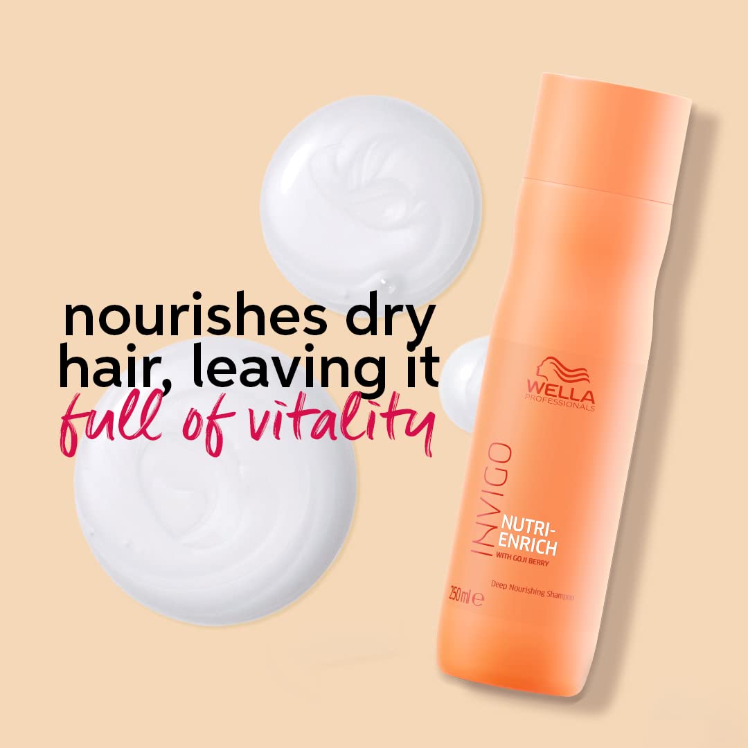 Revitalize dry, stressed hair with Wella Invigo Nutri-Enrich Deep Nourishing Shampoo, a professional formula enriched with Goji Berry and the exclusive Nutri-Enrich-Blend. This deeply nourishing shampoo transforms parched, lifeless hair into soft, vibrant, full-of-vitality locks. The advanced formula combines Oleic Acid, Panthenol, and Vitamin E to provide intense moisturization, nourishment, and protection against environmental stress.