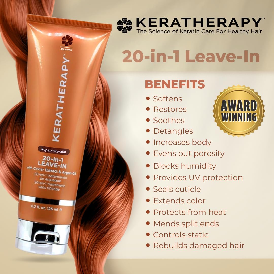 Keratherapy 20-in-1 Leave-In product with benefits listed on a beige background