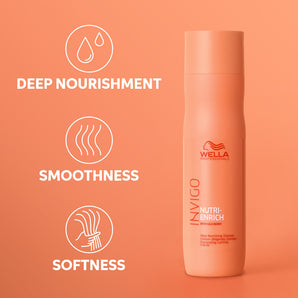 Revitalize dry, stressed hair with Wella Invigo Nutri-Enrich Deep Nourishing Shampoo, a professional formula enriched with Goji Berry and the exclusive Nutri-Enrich-Blend. This deeply nourishing shampoo transforms parched, lifeless hair into soft, vibrant, full-of-vitality locks. The advanced formula combines Oleic Acid, Panthenol, and Vitamin E to provide intense moisturization, nourishment, and protection against environmental stress.