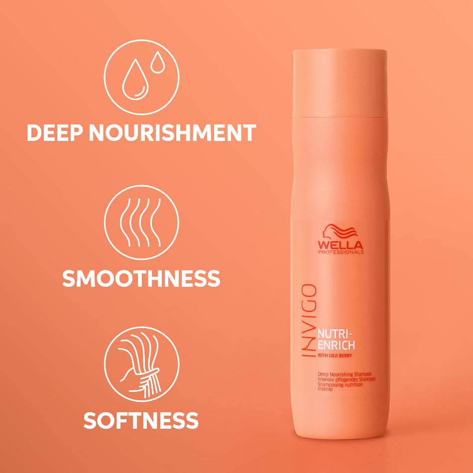Revitalize dry, stressed hair with Wella Invigo Nutri-Enrich Deep Nourishing Shampoo, a professional formula enriched with Goji Berry and the exclusive Nutri-Enrich-Blend. This deeply nourishing shampoo transforms parched, lifeless hair into soft, vibrant, full-of-vitality locks. The advanced formula combines Oleic Acid, Panthenol, and Vitamin E to provide intense moisturization, nourishment, and protection against environmental stress.