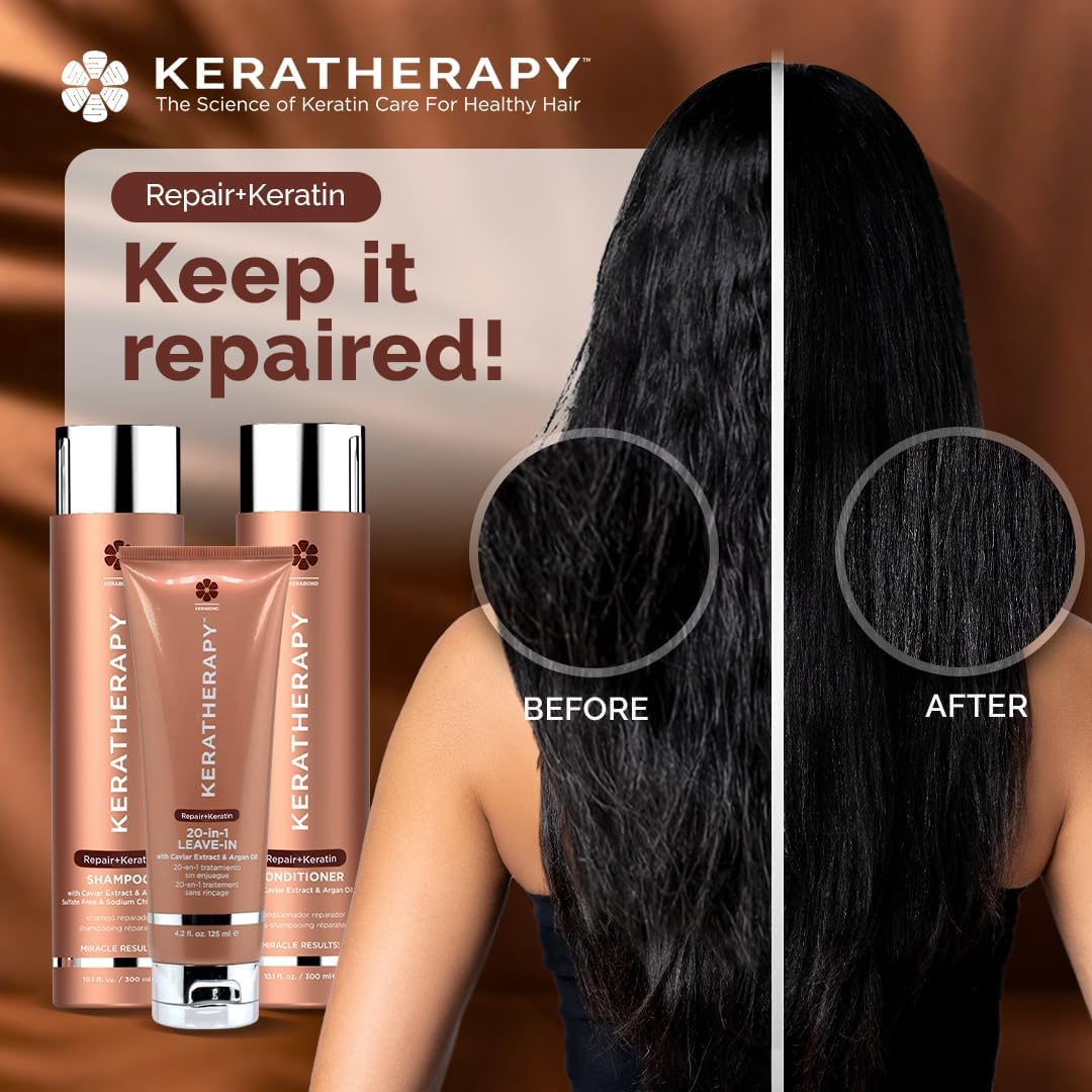 Keratherapy hair care products with 'Before' and 'After' hair comparison on a brown background.