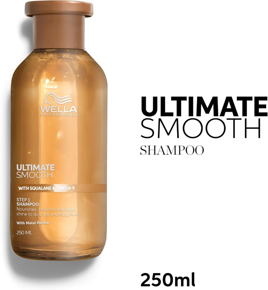 Wella Professionals Ultimate Smooth Shampoo 250ml

Experience salon-grade smoothing with every wash. Formulated with patented Metal Purifier technology, Squalane, and Omega-9, this sulphate-free shampoo gently cleanses while deeply nourishing hair from the inside out — leaving it visibly smoother, shinier, and frizz-free for up to 96 hours.
