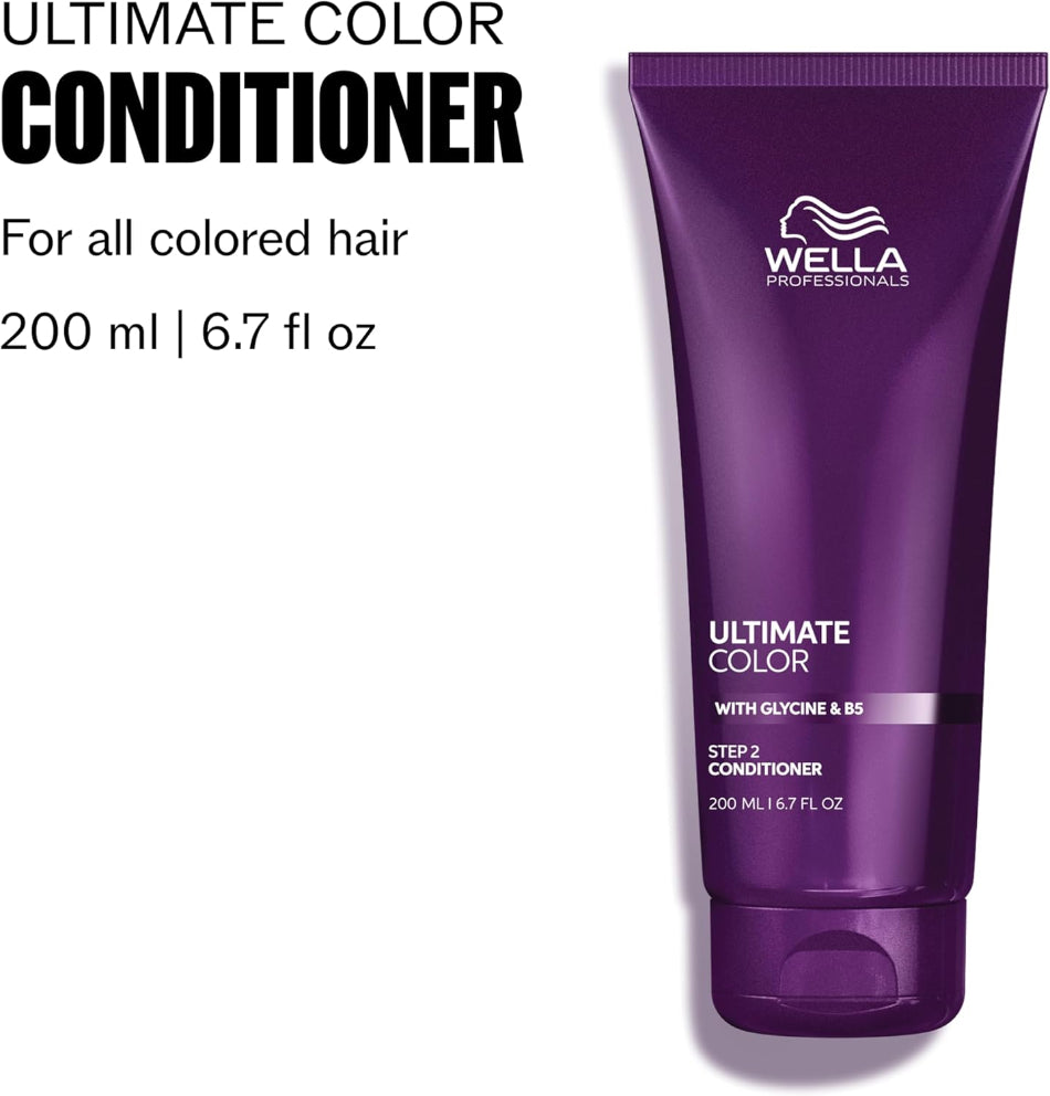 Wella Professionals Ultimate Color Conditioner 200ml is a patented, anti-porosity formula that works from the inside out, sealing pigments in, reducing breakage, and leaving hair with a silky, salon-smooth finish. Part of the complete Ultimate Color regimen, it delivers colour vibrancy for up to 10 weeks.*