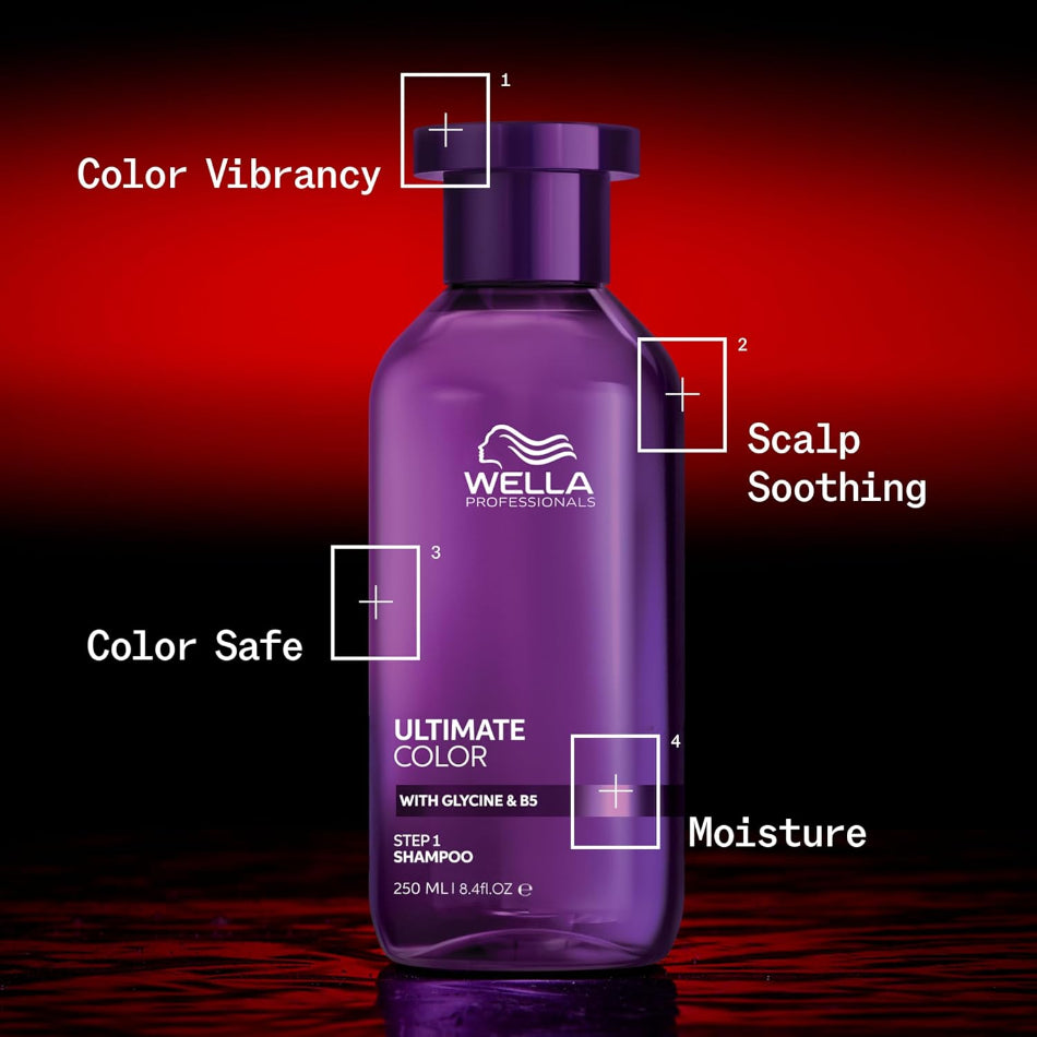Wella Ultimate Color Sulfate-Free Shampoo
Soothes the scalp while gently cleansing to minimize colour fade, moisturises and detoxes hair from colour-distorting metals.