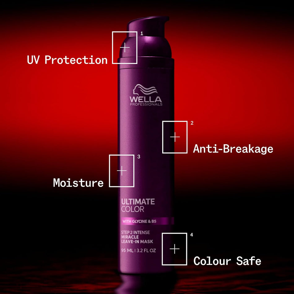 Wella Professionals Ultimate Color Miracle Leave-in Mask

Revitalize and protect your colour-treated hair with this 3-in-1 leave-in mask. The moisturizing formula locks in colour vibrancy and shine while providing UV protection and up to 4x more resistance to breakage — all in a lightweight, no-rinse formula.