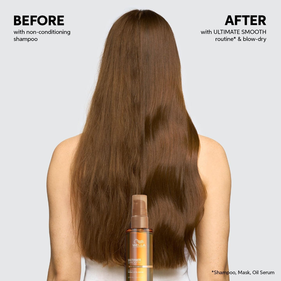 Wella Professionals Ultimate Smooth routine

Experience salon-grade smoothing with every wash. Formulated with patented Metal Purifier technology, Squalane, and Omega-9, this sulphate-free shampoo gently cleanses while deeply nourishing hair from the inside out — leaving it visibly smoother, shinier, and frizz-free for up to 96 hours.