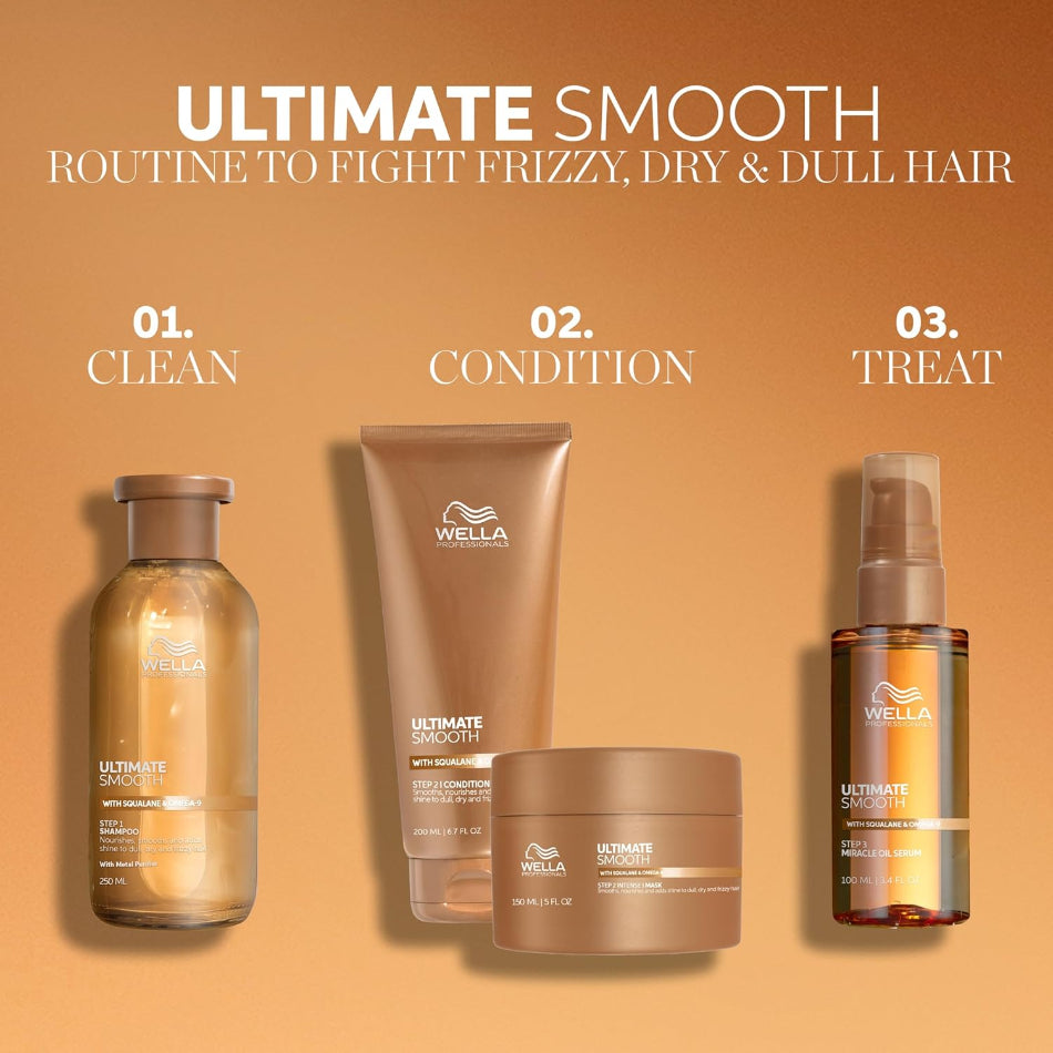 Wella Professionals Ultimate Smooth Regime

Experience salon-grade smoothing with every wash. Formulated with patented Metal Purifier technology, Squalane, and Omega-9, this sulphate-free shampoo gently cleanses while deeply nourishing hair from the inside out — leaving it visibly smoother, shinier, and frizz-free for up to 96 hours.