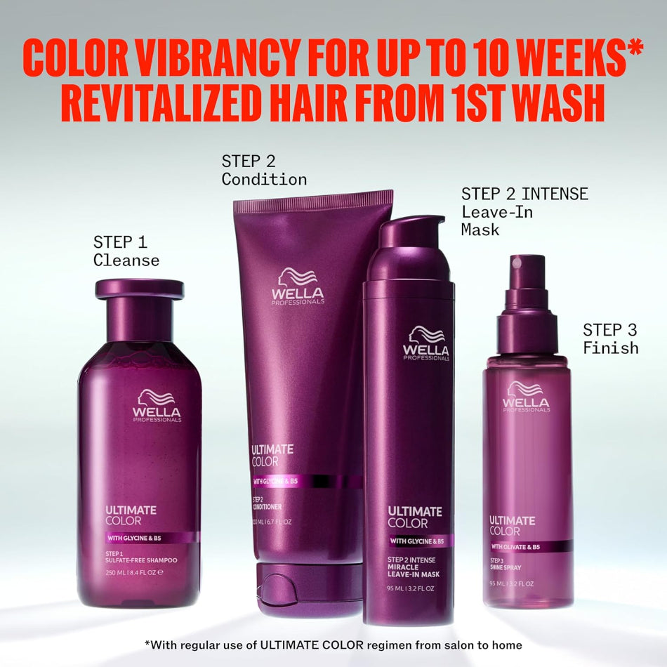Wella Ultimate Color Group Shot
Soothes the scalp while gently cleansing to minimize colour fade, moisturises and detoxes hair from colour-distorting metals.