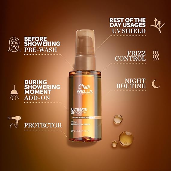 The Wella Professionals Ultimate Smooth Miracle Oil Serum is a delicate hair oil with a lightweight serum texture that deeply nourishes hair inside and out — leaving it visibly smoother and shinier in just 30 seconds. Smoothness lasts up to 3 days, and 96-hour frizz control means one application goes a long way.