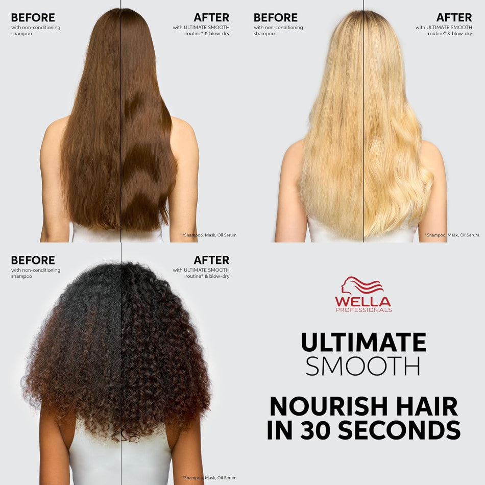 Wella Professionals Ultimate Smooth Shampoo 250ml

Experience salon-grade smoothing with every wash. Formulated with patented Metal Purifier technology, Squalane, and Omega-9, this sulphate-free shampoo gently cleanses while deeply nourishing hair from the inside out — leaving it visibly smoother, shinier, and frizz-free for up to 96 hours.