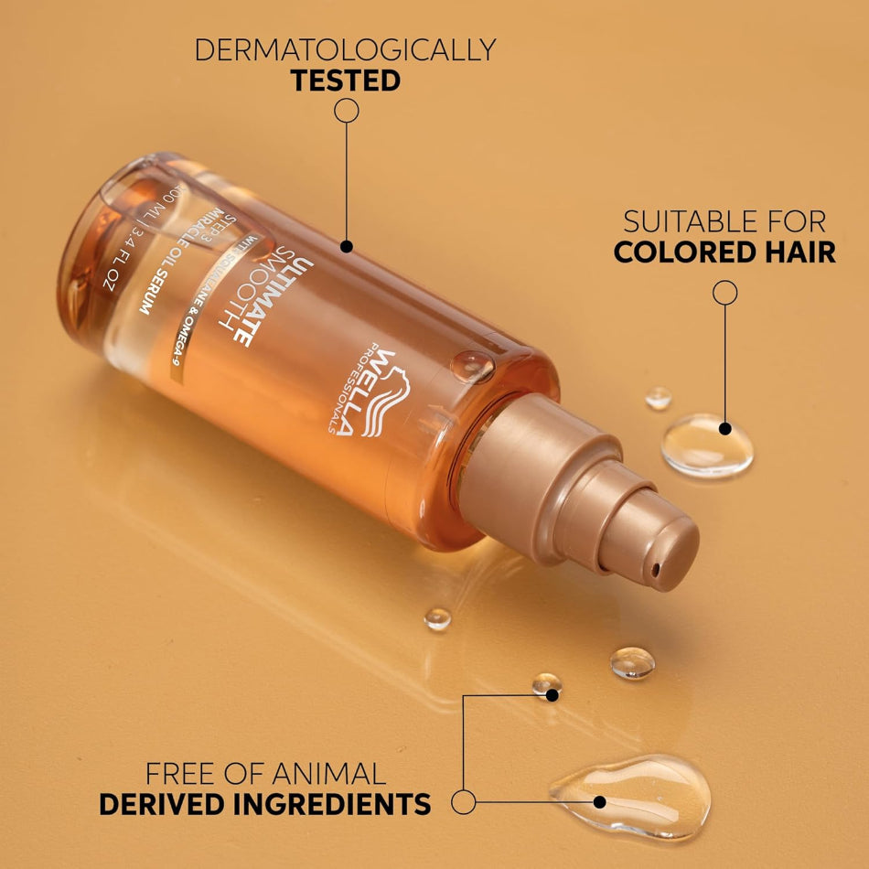 The Wella Professionals Ultimate Smooth Miracle Oil Serum is a delicate hair oil with a lightweight serum texture that deeply nourishes hair inside and out — leaving it visibly smoother and shinier in just 30 seconds. Smoothness lasts up to 3 days, and 96-hour frizz control means one application goes a long way.