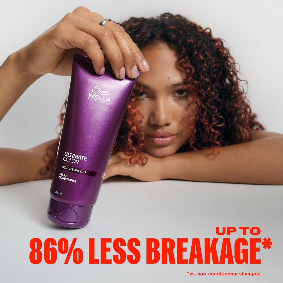 Wella Professionals Ultimate Color Conditioner 200ml is a patented, anti-porosity formula that works from the inside out, sealing pigments in, reducing breakage, and leaving hair with a silky, salon-smooth finish. Part of the complete Ultimate Color regimen, it delivers colour vibrancy for up to 10 weeks.*