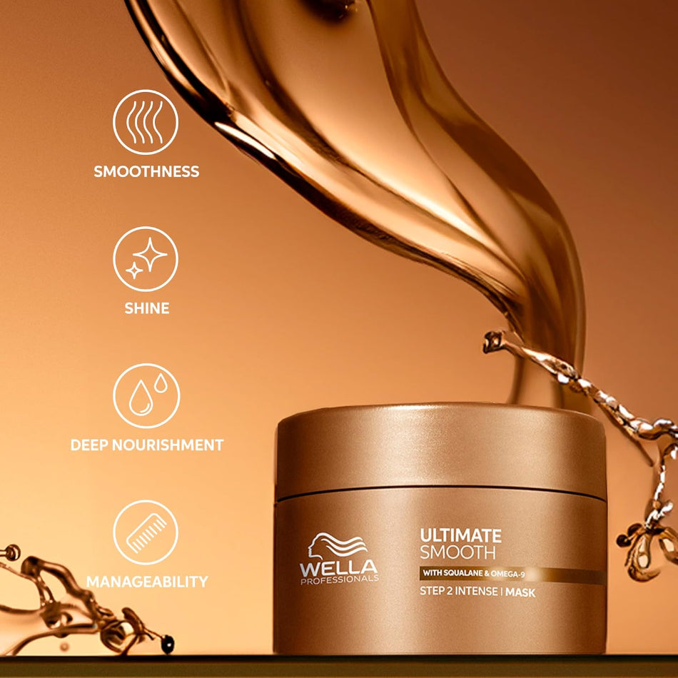 Wella Professionals Ultimate Smooth Mask 200ml

Transform frizzy, unruly hair with the Wella Professionals Ultimate Smooth Mask — a deeply nourishing smoothing treatment powered by patented Squalane &amp; Omega-9 technology. This colour-safe, vegan formula works from the inside out to recreate a protective barrier, delivering silky-smooth, shine-rich results that last up to 96 hours.