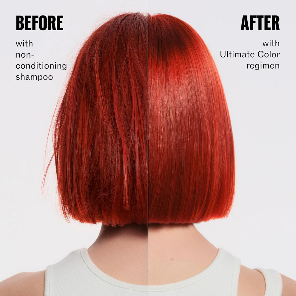 Before and after comparison of red hair with non-conditioning shampoo on the left and Wella Ultimate Color regimen on the right.