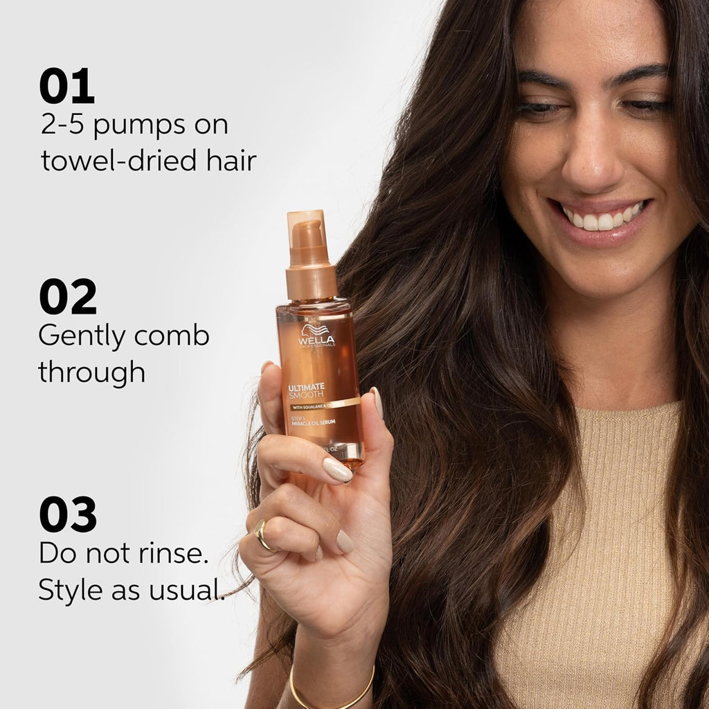 The Wella Professionals Ultimate Smooth Miracle Oil Serum is a delicate hair oil with a lightweight serum texture that deeply nourishes hair inside and out — leaving it visibly smoother and shinier in just 30 seconds. Smoothness lasts up to 3 days, and 96-hour frizz control means one application goes a long way.