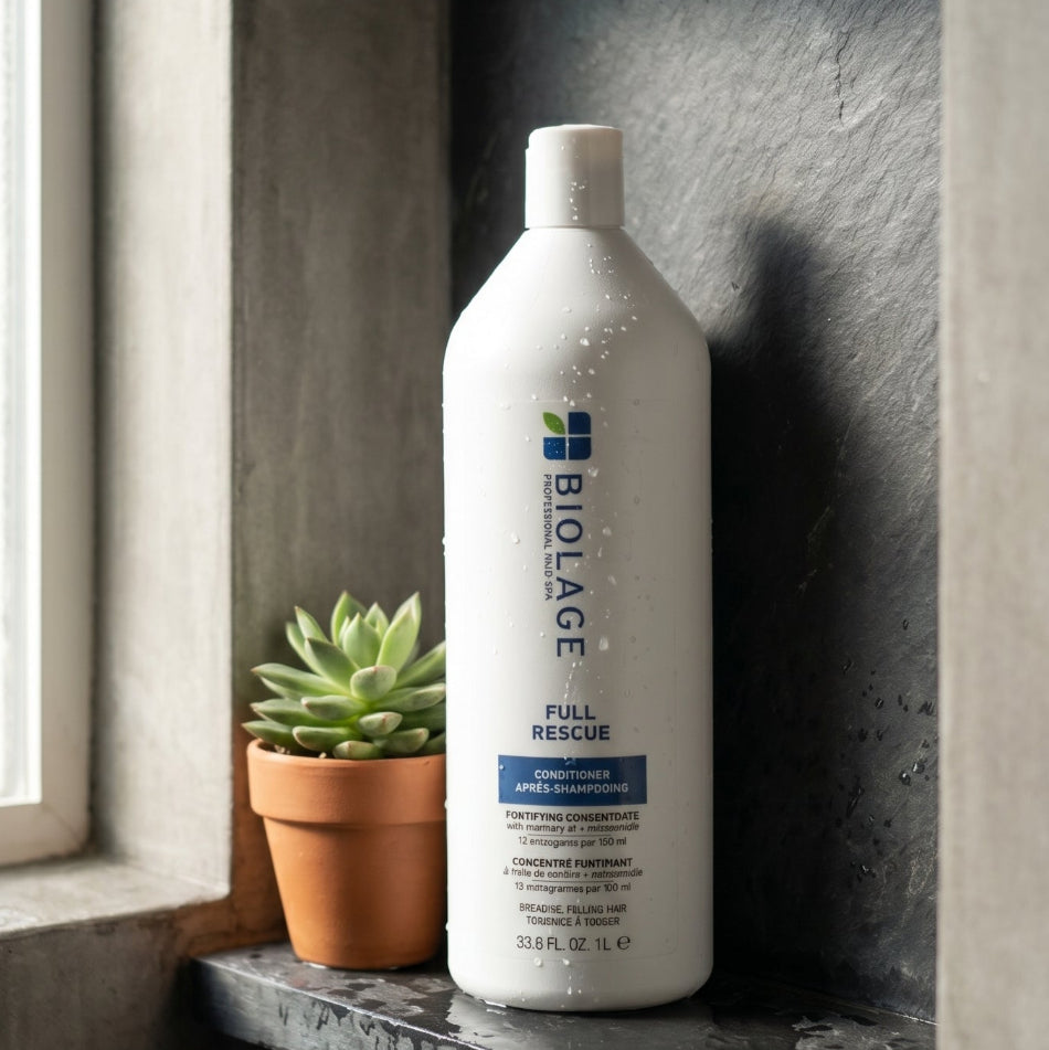 Biolage Full Rescue Conditioner delivers immediate fullness, strengthens fragile strands, and protects your scalp — all in one nourishing formula.