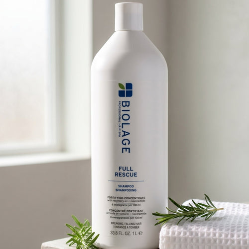 Biolage Full Rescue Shampoo quickly strengthens fragile, thinning hair — delivering immediate volume, density, and scalp-nurturing care in every wash.