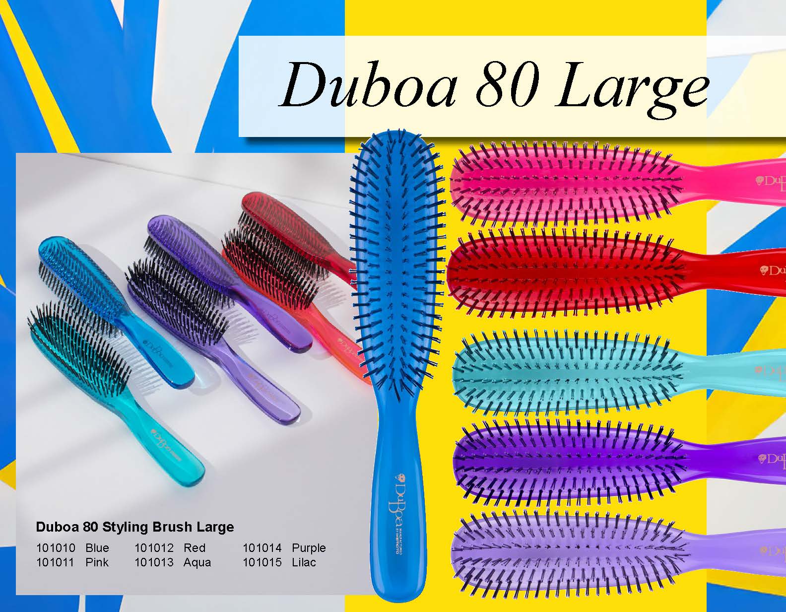 Colorful hairbrushes with 'Duboa 80 Large' branding on a multicolored background.