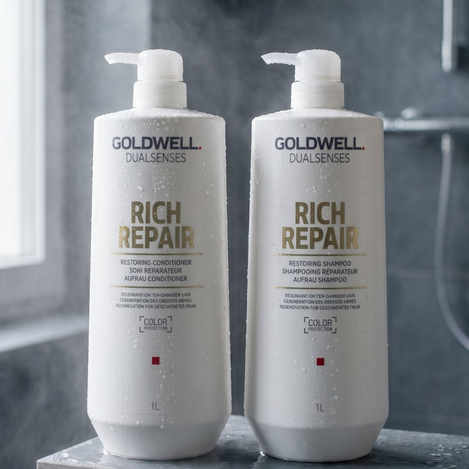 Goldwell Dualsenses Rich Repair Shampoo and Conditioner 1L Duo

Restore strength, smoothness, and shine to dry, stressed hair with this professional-grade duo from Goldwell's Dualsenses Rich Repair range. Featuring the brand's signature IntraLipid Complex with Pashmina Silk Proteins, this 1-litre shampoo and conditioner set delivers salon-quality repair at home.