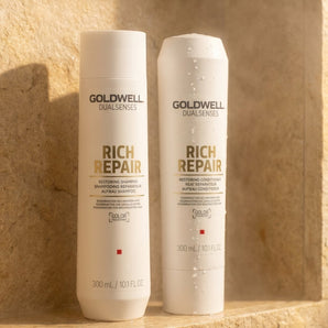 Goldwell Rich Repair Shampoo and conditioner from Goldwell's Dualsenses range cleanses and nourishes the hair to leave you with super shiny and silky locks from the first wash. Perfect for dry, damaged hair, this shampoo features a unique Instant Microfluid Technology that works to deeply hydrate and condition the hair from the roots.