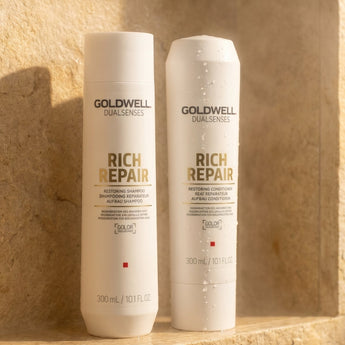 Goldwell Rich Repair Shampoo and conditioner from Goldwell's Dualsenses range cleanses and nourishes the hair to leave you with super shiny and silky locks from the first wash. Perfect for dry, damaged hair, this shampoo features a unique Instant Microfluid Technology that works to deeply hydrate and condition the hair from the roots.