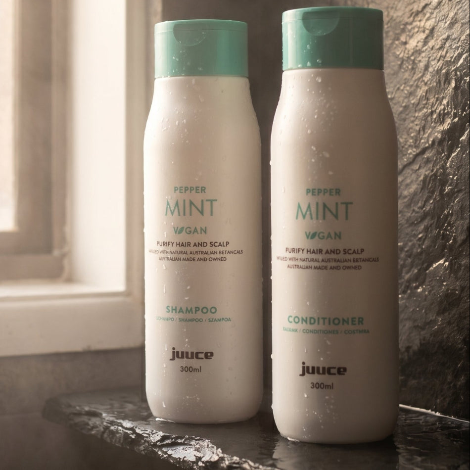 Juuce Peppermint Shampoo and Conditioner Duo 300ml

Refresh your scalp and revive your hair with this invigorating peppermint duo. Blended with peppermint and botanical oils, it deeply cleanses, nourishes, and stimulates the scalp for stronger, healthier-looking hair — with a beautiful natural finish.