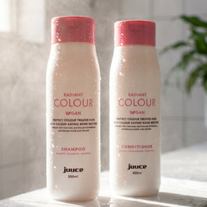 Juuce Radiant Colour Duo. This matched shampoo and conditioner set is specifically formulated for colour-treated hair, combining powerful antioxidants with moisture-rich ingredients to protect vibrancy, repair damage, and deliver brilliant, long-lasting colour with every wash.