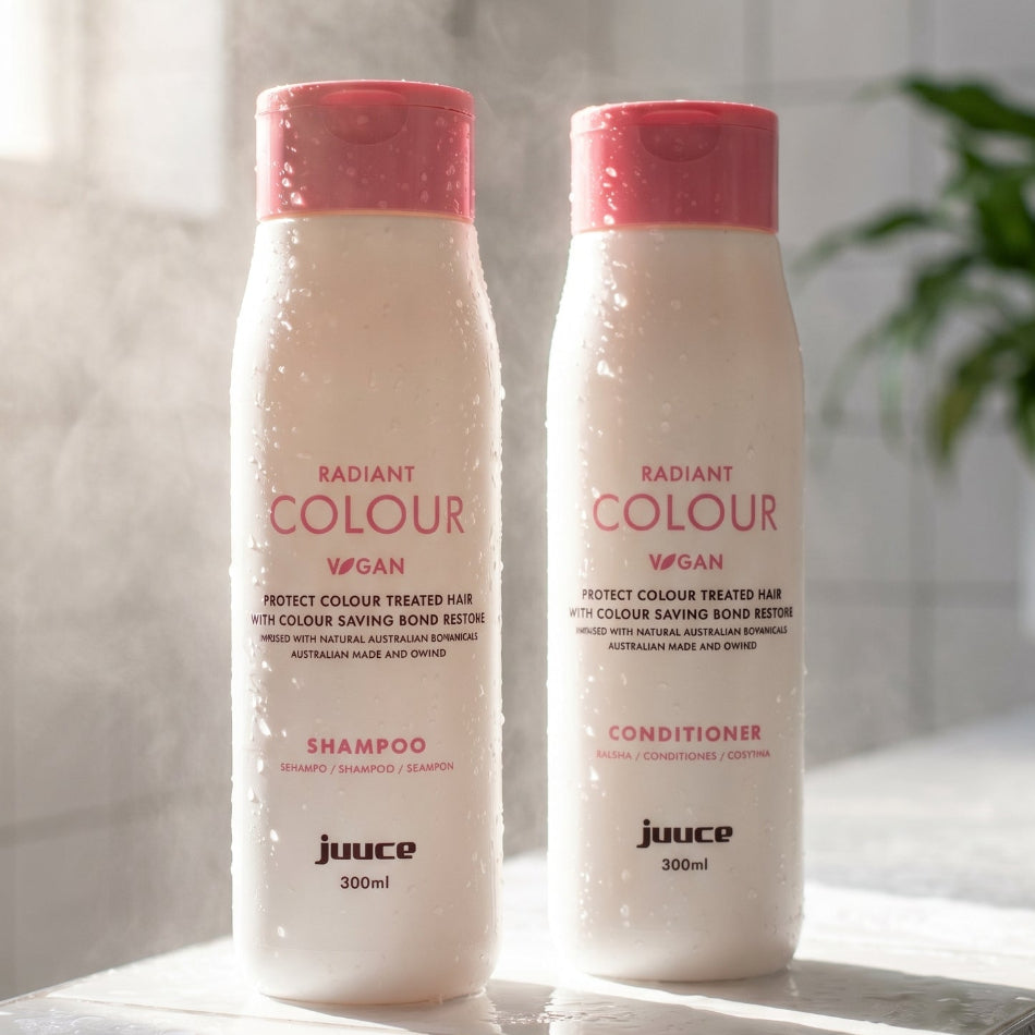 Juuce Radiant Colour Duo. This matched shampoo and conditioner set is specifically formulated for colour-treated hair, combining powerful antioxidants with moisture-rich ingredients to protect vibrancy, repair damage, and deliver brilliant, long-lasting colour with every wash.