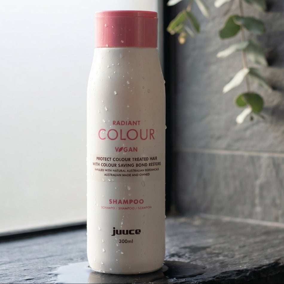 Juuce Radiant ColourSahmpoo. This shampoo is specifically formulated for colour-treated hair, combining powerful antioxidants with moisture-rich ingredients to protect vibrancy, repair damage, and deliver brilliant, long-lasting colour with every wash.