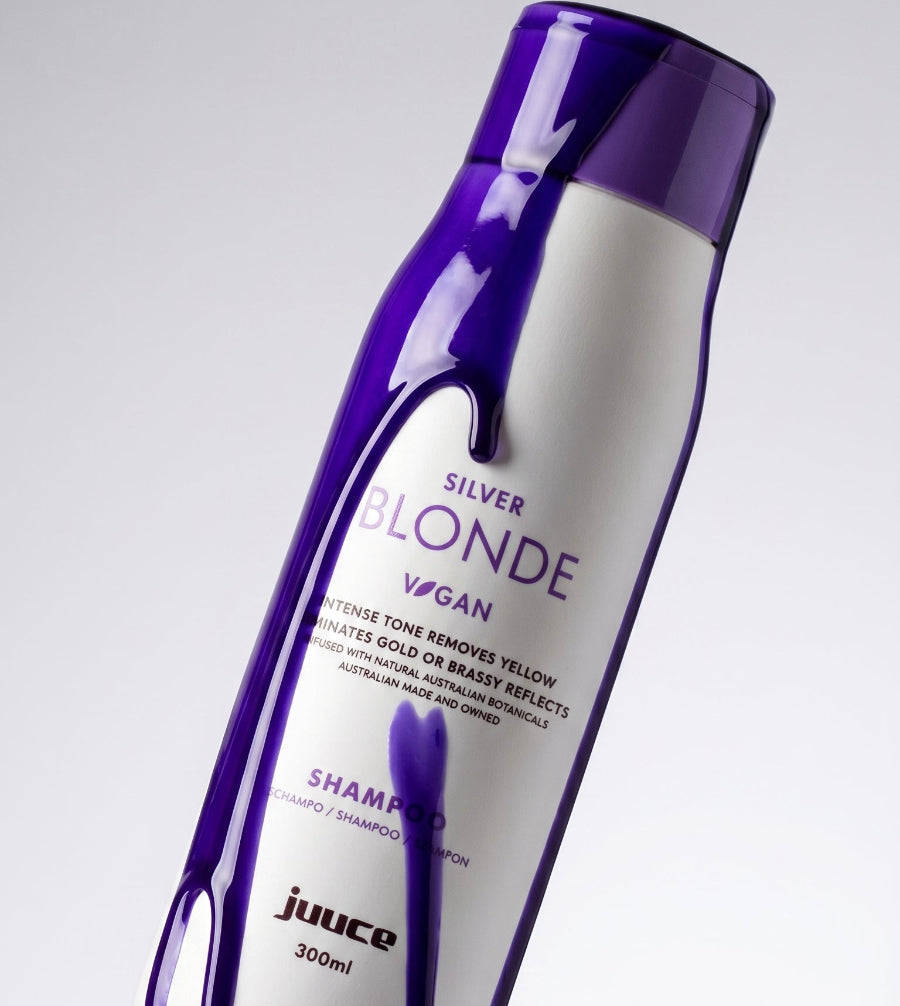 Juuce Silver Blonde Intense Toning Shampoo Formulated with micro blue-violet pigments that penetrate deep into the hair shaft, this matched shampoo and conditioner set neutralises gold and yellow tones in blonde, bleached, highlighted and grey hair — delivering cool, bright, salon-fresh results at home.