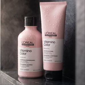 L'Oréal Professionnel Vitamino Color Duo Pack combines a gentle cleansing shampoo with an advanced conditioning treatment, working together to keep your colour vivid, your shine brilliant, and your hair feeling salon-fresh at home.