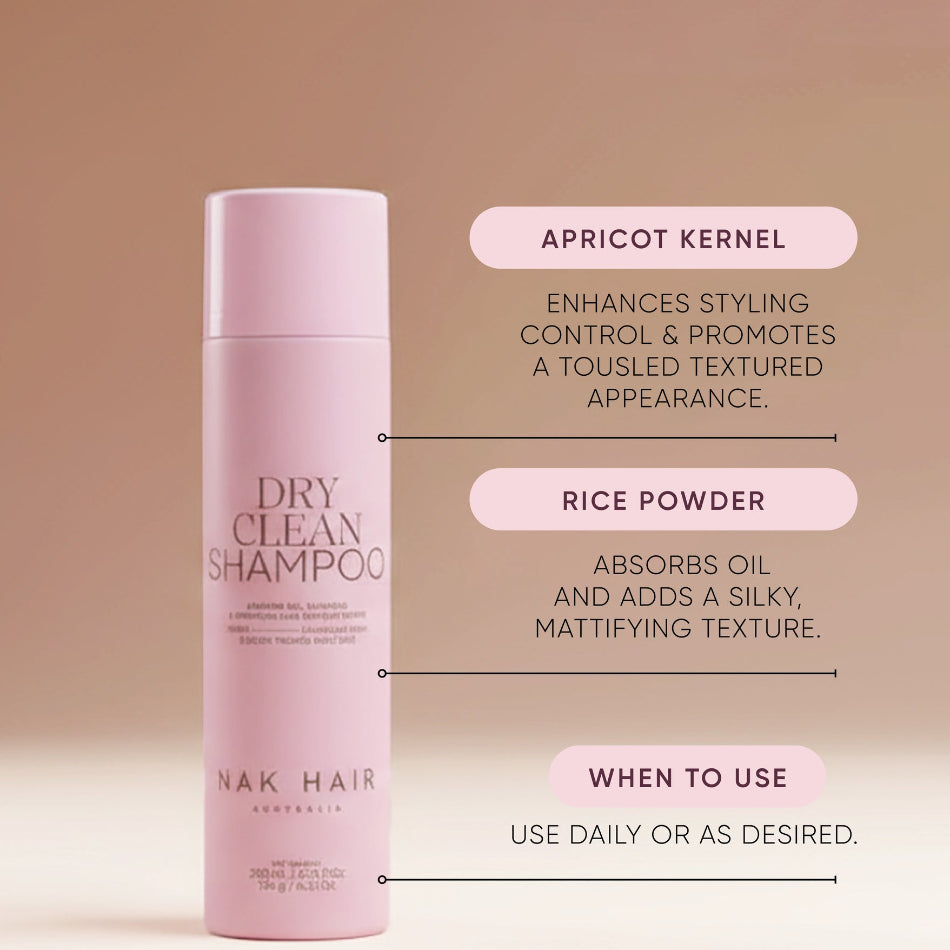 Nak Dry Clean Shampoo 200g is a professional-grade, water-free dry shampoo that refreshes your hair and scalp without a drop of water. Formulated to absorb excess oil and residue, it restores a clean, weightless feel while adding texture and styling control — so your blowdry lasts longer.