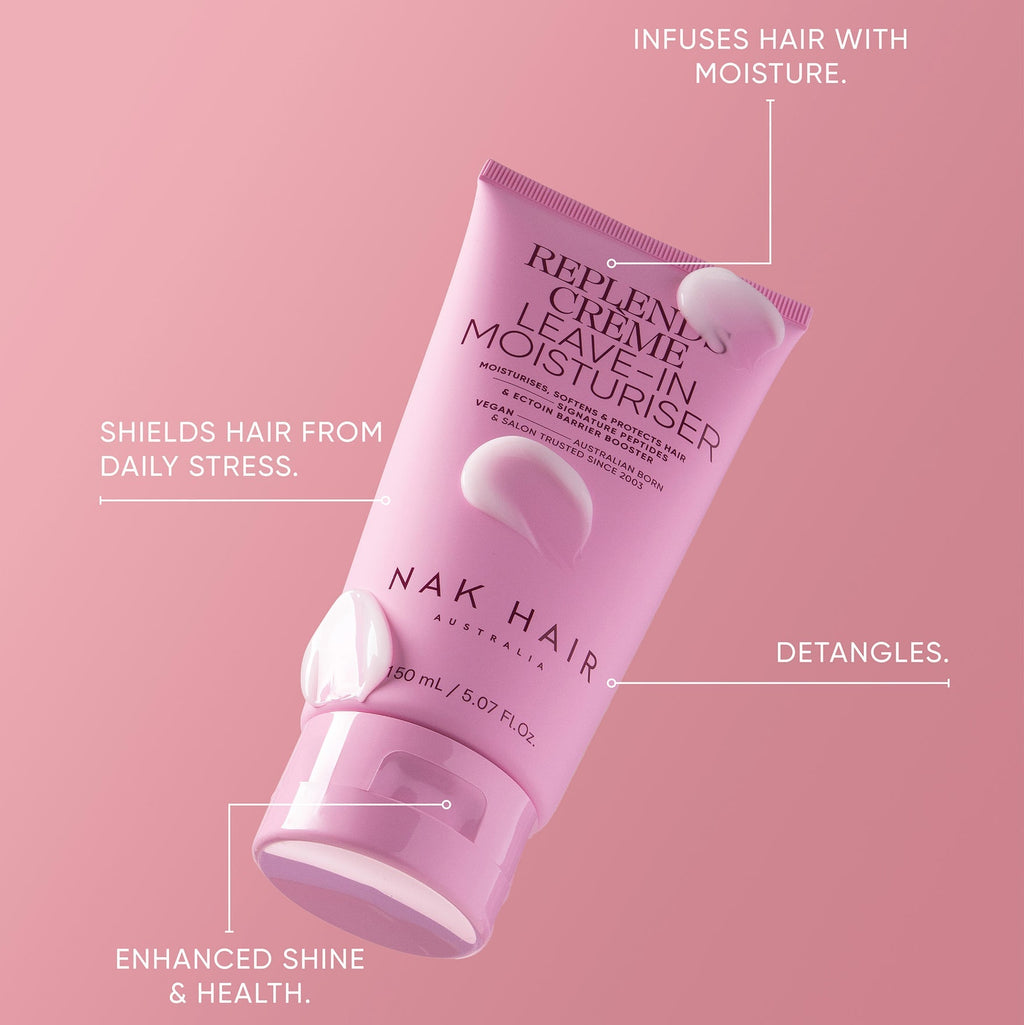 Nak Replends Creme Benefits Leave In Moisturiser Infuses hair with moisture while detangling to smooth hair and reduce daily damage caused by styling
Shields your hair from daily stress, improving overall hair condition for enhanced shine and health