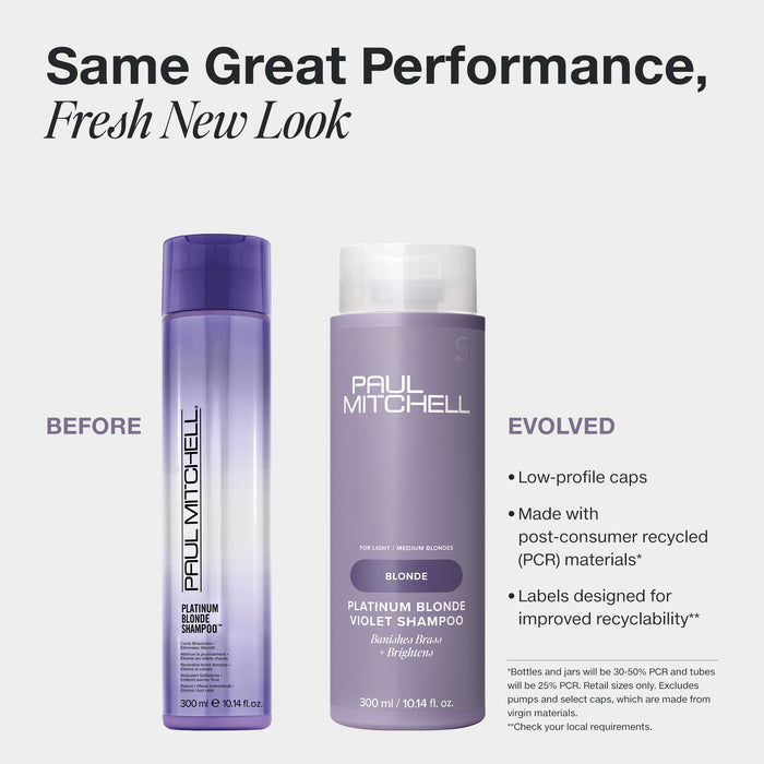 Maintain bright, vibrant hair with Paul Mitchell Platinum Blonde Violet Shampoo, the professional purple shampoo that neutralises unwanted brassy tones in light to medium blonde, silver, grey, or white hair. Infused with a violet tint, this gentle shampoo eliminates brassiness while hydrating and softening strands for smooth, luminous hair.