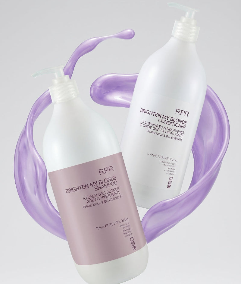 professional blonde care with RPR Brighten My Blonde Shampoo and Conditioner 1lt Duo. This salon-size purple toning duo delivers complete blonde protection, neutralizing brass while nourishing for bright, luminous, salon-fresh blonde that lasts.