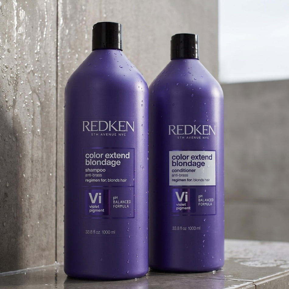Keep your blonde, bleached, or highlighted hair looking salon-fresh with the Redken Colour Extend Blondage 1L Duo. This professional-size shampoo and conditioner set is formulated with Pure Violet Pigment and a Triple Acid Protein Complex to neutralise unwanted yellow and brassy tones, while repairing and strengthening damaged hair from the core.
