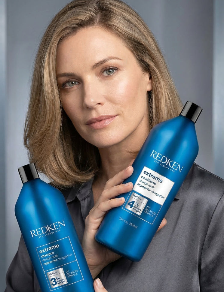 Give damaged, fragile hair the strength it deserves. The Redken Extreme 1L Duo combines two powerhouse products — the Extreme Shampoo and Extreme Conditioner — to cleanse, repair, and fortify weakened strands from root to tip.