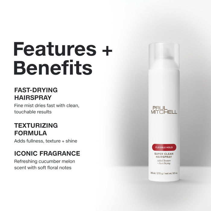 Paul Mitchell Super Clean Hairspray 

Lightweight Flexible Hold

Add fullness, texture, and shine with Paul Mitchell Super Clean Hairspray. This lightweight, fast-drying hairspray provides flexible hold that lets you brush through and restyle hair with ease. Perfect for all hair types, it delivers a fine mist that dries quickly for clean, touchable results while helping minimise static and flyaways. Ideal for creating everyday styles or polished looks with shine and natural movement.