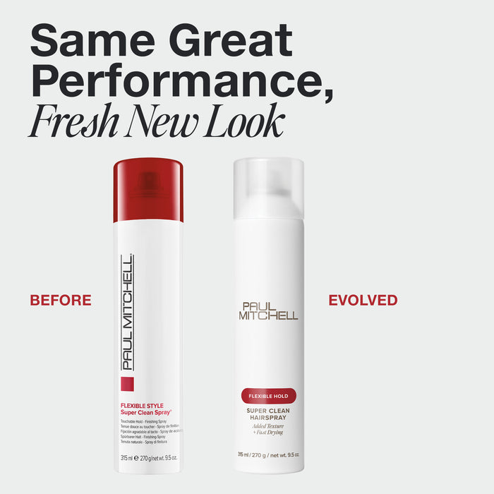 Paul Mitchell Super Clean Hairspray 

Lightweight Flexible Hold

Add fullness, texture, and shine with Paul Mitchell Super Clean Hairspray. This lightweight, fast-drying hairspray provides flexible hold that lets you brush through and restyle hair with ease. Perfect for all hair types, it delivers a fine mist that dries quickly for clean, touchable results while helping minimise static and flyaways. Ideal for creating everyday styles or polished looks with shine and natural movement.