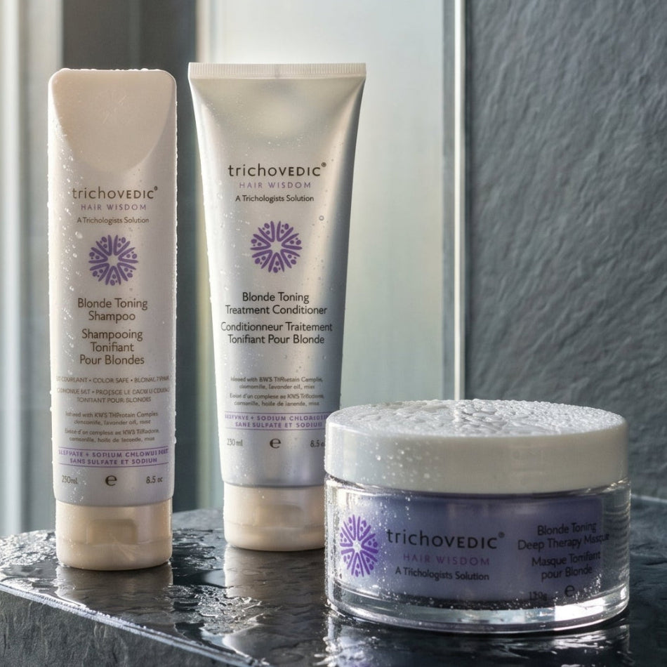 Trichovedic Blonde Toning Keratin Aftercare Pack

The complete aftercare system for blonde, grey and keratin-treated hair. This trio works together to neutralise brassiness, protect colour, and restore strength and shine — keeping your keratin smoothing treatment looking salon-fresh for longer.